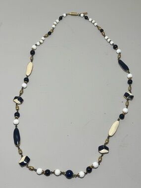 Vintage Balenciaga Paris Gold, Cream & Navy Glass Beaded Necklace